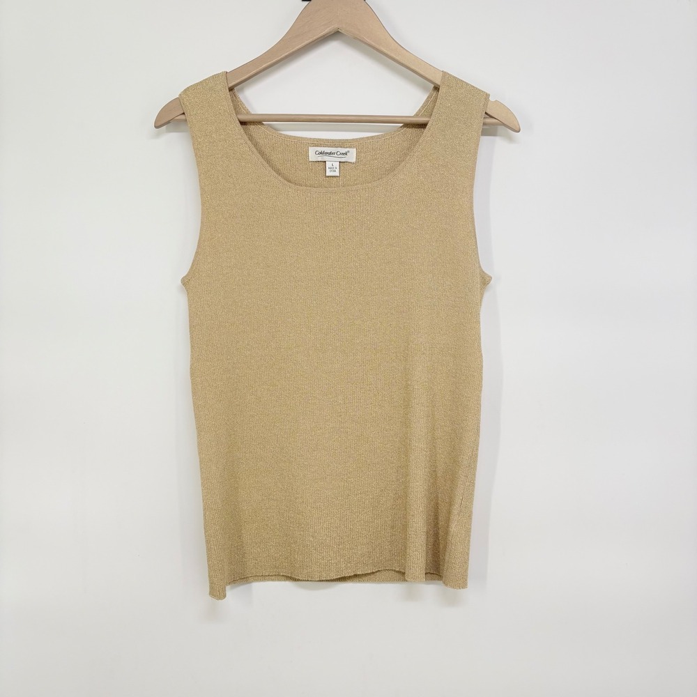 Coldwater Creek Womens Gold Metallic Knit Scoop Neck Sleeveless Shell Top Large